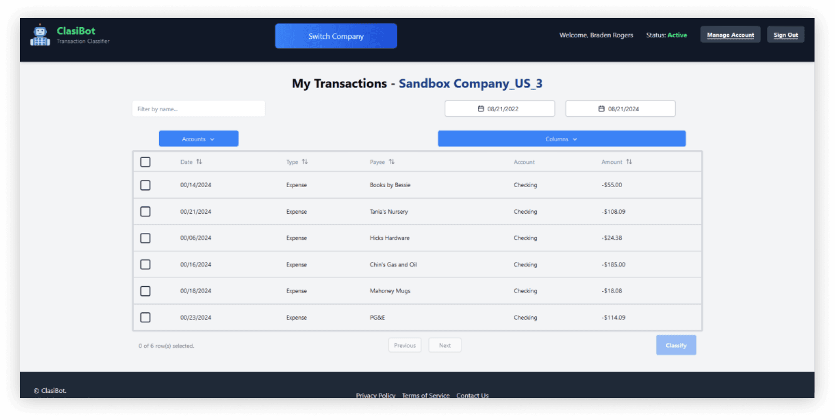 Clasibot AI bookkeeping web app screenshot